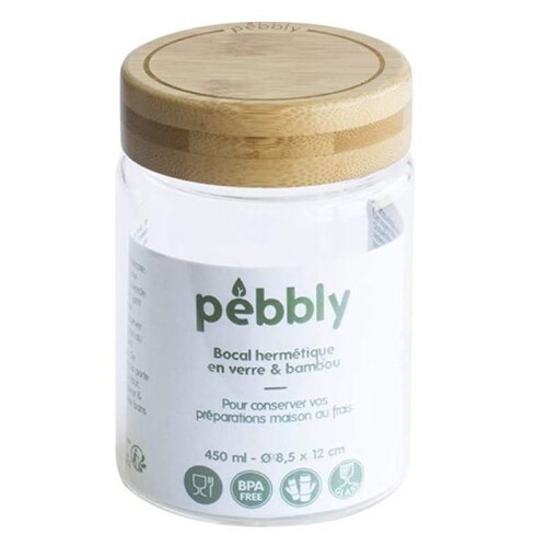 Bocal en verre carr&eacute; avec couvercle en bambou - 650 ml